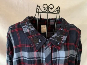 Terra & Sky Women's 2X Rayon Long Sleeve Blue Red Plaid Button Down Blouse - Picture 1 of 9