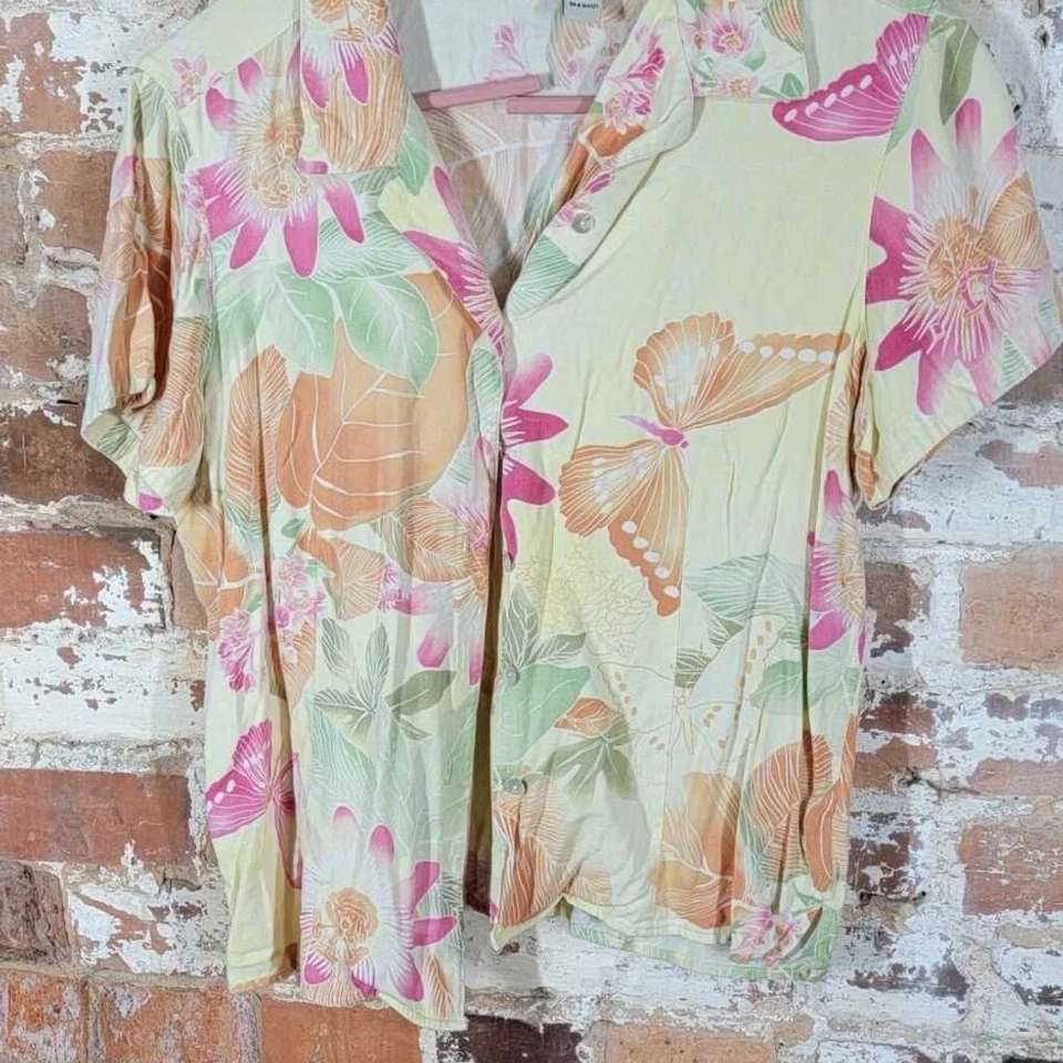 Caribbean Joe Pink and Green Relaxed Button Down Shirt Silk Blend — 第 1/4 张图片