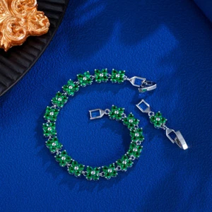 Silver Plated Chain Link CZ Green Flower Tennis Crystal Bracelet Fashion Jewelry - Picture 1 of 19