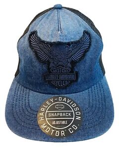 Harley Davidson Denim Trucker Snapback Blue Hat Cap