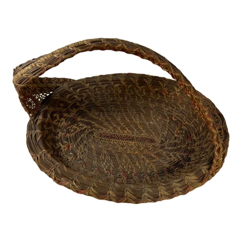 Vintage Beige Farmhouse Pine Needle Hand Woven Basket S Shaped Handle Sm Straw Cover