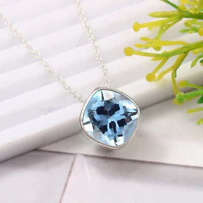 Naturale Cielo Blu Acquamarina 925 Argento Sottile Ciondolo Anniversario Natale - Immagine 1 di 4