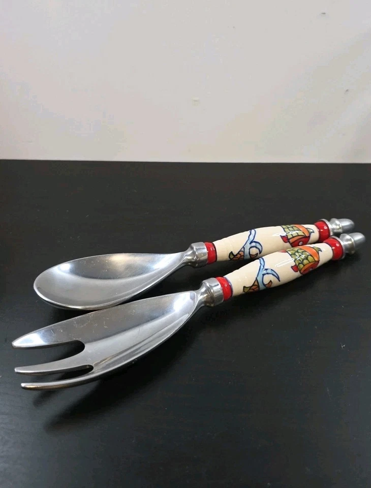 Ceramic & Metal Salad Spoon & Fork Cutlery Serving Hand Painted Fish Design 2 Pc - Image 1 of 4