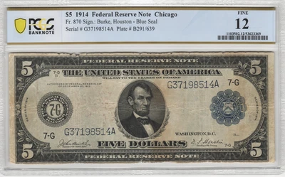 Fr.870 1914 Chicago $5 Federal Reserve Note PCGS Fine 12 - Image 1 of 2
