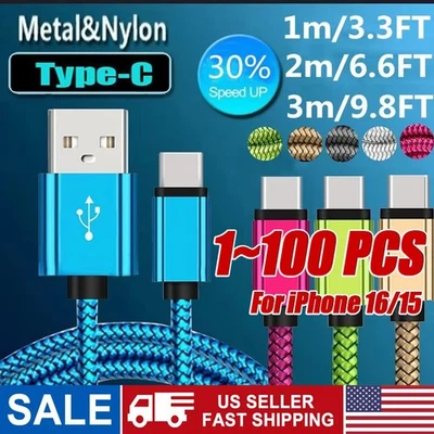 Braided USB to Type-C Fast Charging Data SYNC Charger Cable Cord 3/6/10FT Lot - Image 1 of 4