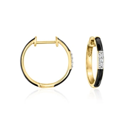 Black Enamel and Diamond Hoop Earrings in 18kt Gold Over Sterling. 5/8 inches - Image 1 of 3