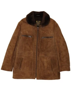 VINTAGE Mens Sherpa Leather Jacket UK 36 Small Brown Leather CX01 - Picture 1 of 4