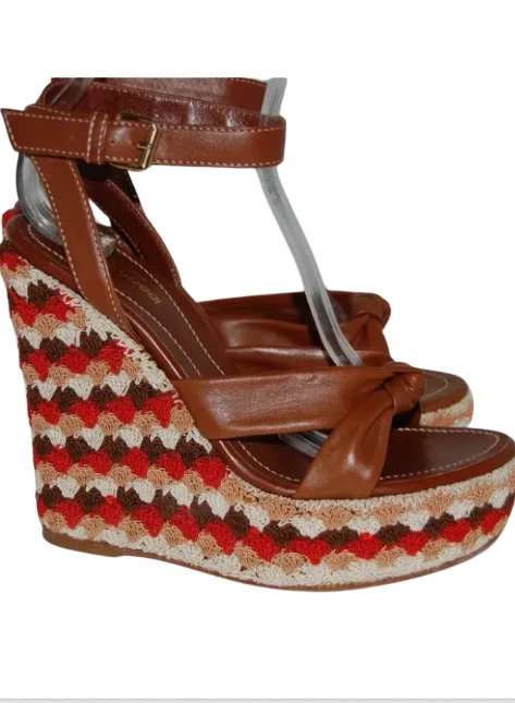 VINTAGE - Sergio Rossi Crochet and Leather Platform Wedges SZ -10 - Image 1 of 4