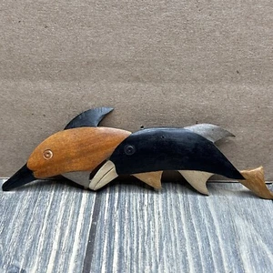 Vintage Wood Dolphin Pair Friends Pin Brooch 4.75" - Picture 1 of 4