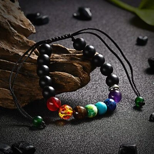  Bracciale originale pietra preziosa naturale 7 perle chakra macramè guarigione Reiki venditore UK - Foto 1 di 9