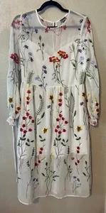 Chelsea28 White Embroidered Floral Sheer Midi Dress Womens Medium Fairy Coquette - Picture 1 of 23