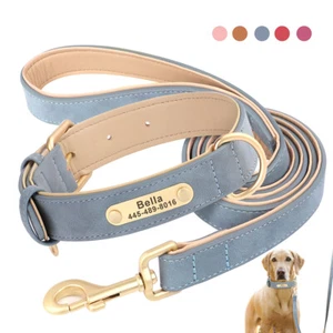 Personalised Dog Collar and Leash set Padded Leather with Metal Custom ID Tag - Picture 1 of 16
