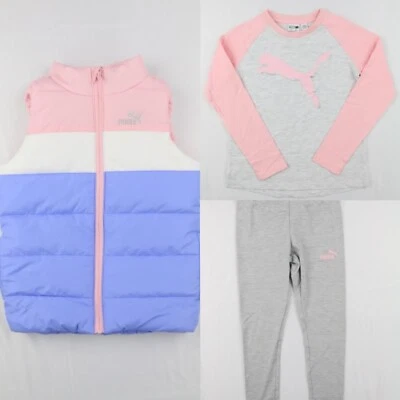 Puma Jóvenes Niñas 3 Piezas Chaleco Manga Larga Camiseta Legging Conjunto Talla XS Rosa Púrpura Gris Foto 1 de 4