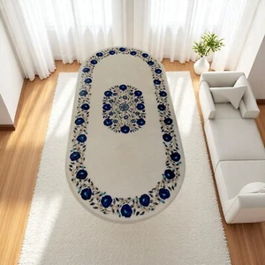 Oval White Marble Dining Table Lapis Stone Handmade Luxury Console Furniture Dec - Picture 1 of 9