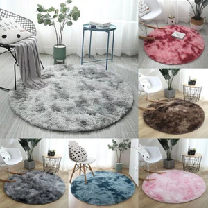 Round Shaggy Area Rug Tie-Dye Carpet Fluffy Floor Mat Anti-Skid Rug Bedroom Home - Picture 1 of 28