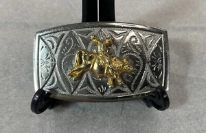 Vintage Western Belt Buckle - Silvertone - Rodeo - Cowboy - Bull Riding - 2 3/4" - Picture 1 of 5