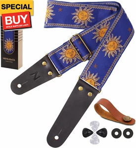Guitar Strap, Sun Embroidered Cotton Guitar Strap with Head Cowhide Leather Ends - Picture 1 of 7