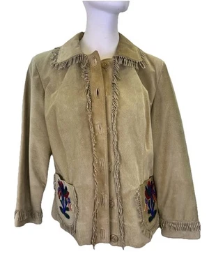 Jaqueta de couro camurça amarela franja bolsos com miçangas Double D Ranch M - Imagem 1 de 4