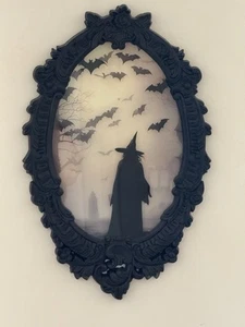 Halloween Witch & Bats Oval Glass Silhouette Wall Art in Ornate Black Frame - Picture 1 of 19