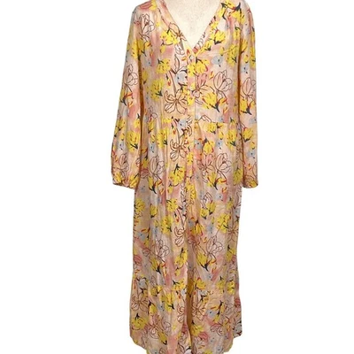 Style & Co Maxi Linen Dress Women Lg Pink Yellow Floral Prairie Coastal Summer - Image 1 of 4