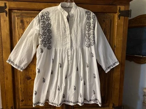 Pure White, gray Chikan hand embroidered, smocked cotton blouse - XL - Picture 1 of 13
