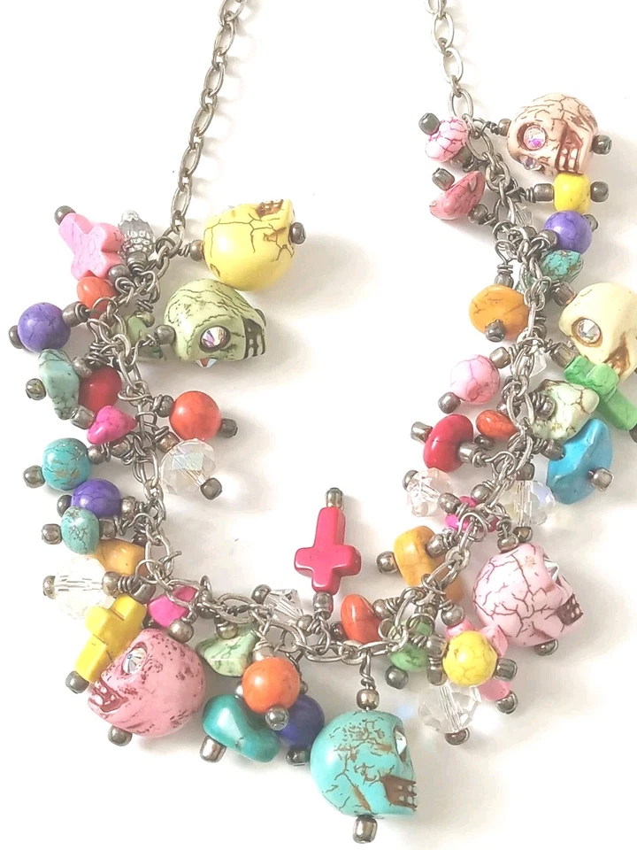 ÚNICO Día de Muertos Halloween Calavera Estrás Ojos y Cruz Dijes Collar 18" Foto 1 de 4