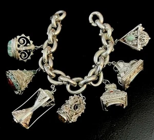 Vintage Silver Charm Etruscan Bracelet, Sterling Bracelet 800 Charms 121 Grams - Picture 1 of 7