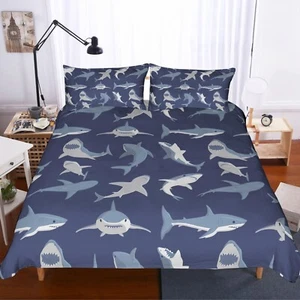 3D Shark Pattern Blue Quilt Cover Set Duvet Cover Bedding Pillowcases - Picture 1 of 6