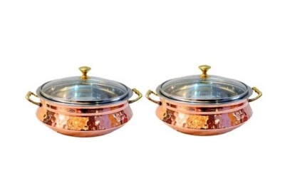 Hammered Steel Copper Casserole Donga Bowl With Glass Lid, Tableware & Serveware - Image 1 of 4