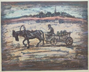 Vintage Simon Karczmar Signed Judaica Painting, Horse & Cart in Shtetel, 16 x 20 - Picture 1 of 8