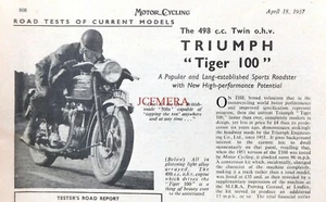TRIUMPH 'Tiger 100' 498cc o.h.v. Motor Cycle : 1957 Magazine Report Clipping - Foto 1 di 1
