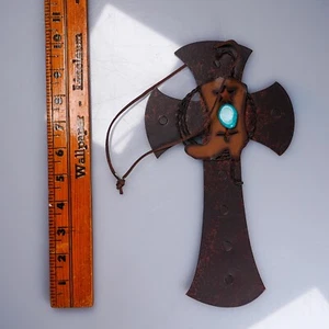 Metal Rustic Wall Cross — Christian Decorative Hanging 👢Boot ♰ Turquoise 🔵 - Picture 1 of 4