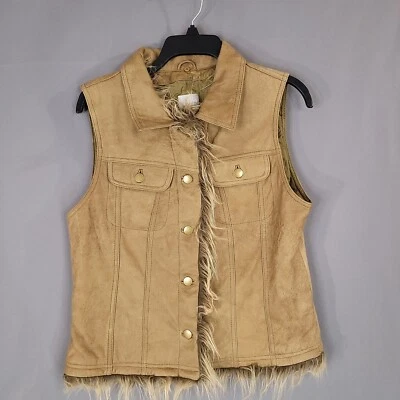 Chaleco para mujer Wilsons Máxima de cuero sintético ribete de piel gamuza tostado sin mangas talla L Foto 1 de 4