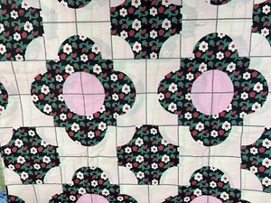 CHEATER QUILT TOPS  90"x108" DRUNKERS  PATH  BLACK W/WHITE FLOWERS SHIP INCLUDED - Picture 1 of 3