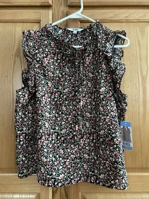 BB Dakota Tank Top Blouse L Black Coral Floral Flutter SS Womens Steve Madden - Image 1 of 4
