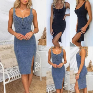 Women's Sexy Zipper Low Cut Denim Bodycon Summer Strappy Party Split Mini Dress - Picture 1 of 22