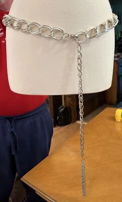 Vintage Chunky Silver Tone Chain Belt Double Link Tassel End Dangle Toggle Clasp - Image 1 of 4