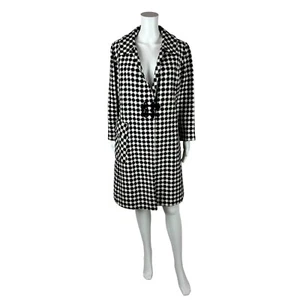 Vintage 60s Houndstooth Coat Women's Large Mod Black & White Frog Closures - Picture 1 of 14