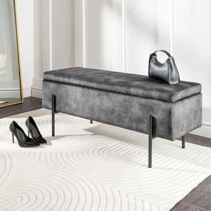 Truhenbank LOFT 100cm grau Samt Sitzbank mit Stauraum gespolstert schwarz Metall - Bild 1 von 11