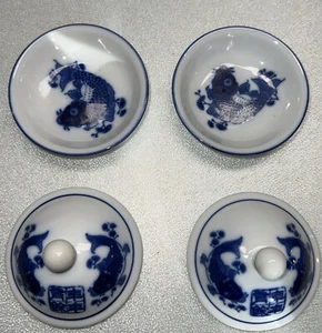 2 Vintage Blue Carp Small Dipping Bowl. Made In China.almost 4”& 2 Lids - Picture 1 of 4