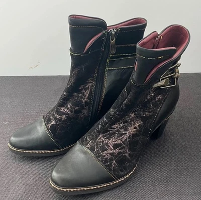 LArtiste Spring Step LOCKSTO Black Leather Ankle Boots Size 40 Euro US 9 Brocade - Image 1 of 4