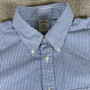NWT Brooks Brothers Men’s Large Regent Fit Blue Striped Seer Sucker Button Shirt - Picture 1 of 6