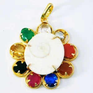 9 Planet Healing Gomti Chakra & Navratna Gemstone – Handmade Pendant Jewelry - Picture 1 of 6