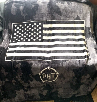 USA Flag On Camouflage Super Plush Throw Blanket 46" x 60" Black White by OHT - Image 1 of 4