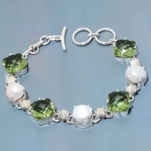 White Pearl Peridot Quartz Gemstone Silver Plated Jewelry Bracelet 7-8" - Picture 1 of 1