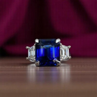 Lab Grown Blue Sapphire Smaragdschliff 4,20 Ct Diamant Ring Platin 950 58 - Bild 1 von 4