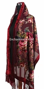 Elegant 100% Silk Burnout Velvet Vintage Floral Oblong Scarf Shawl Wrap,Burgundy - Picture 1 of 6
