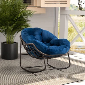 Outdoor Rattan Rocking Chair,Padded Cushion Rocker Recliner Patio Seat Navy Blue - Picture 1 of 15
