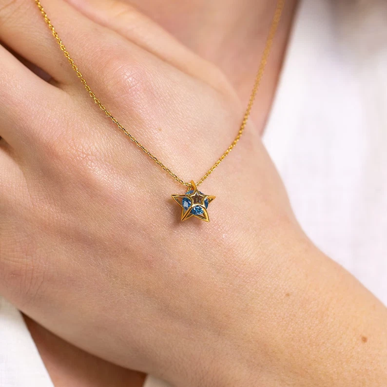 Blue topaz Star Pendant, gold plated 925 silver pendant Birthday gift for her - Image 1 of 4
