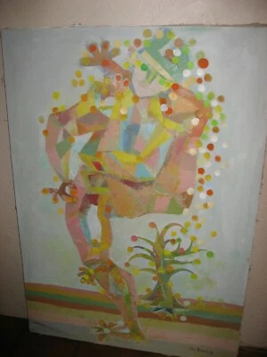 J ROSMINI  MODERN PICASSO STYLE -  OIL ON CANVAS -  VINTAGE CUBISM ABSTRACT 1984 - Image 1 of 4